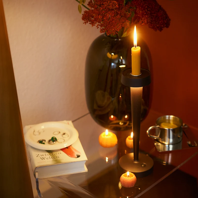 B-Ware Kerzenständer Leuchte Vase Lucande Akku LED Lea Dunkelbraun 28 cm
