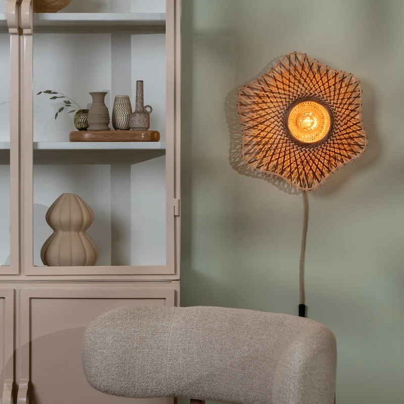 B-Ware GOOD MOJO Wandlampe Wandleuchte Madura Bambus Eisen Stecker Holz Braun E27 LED