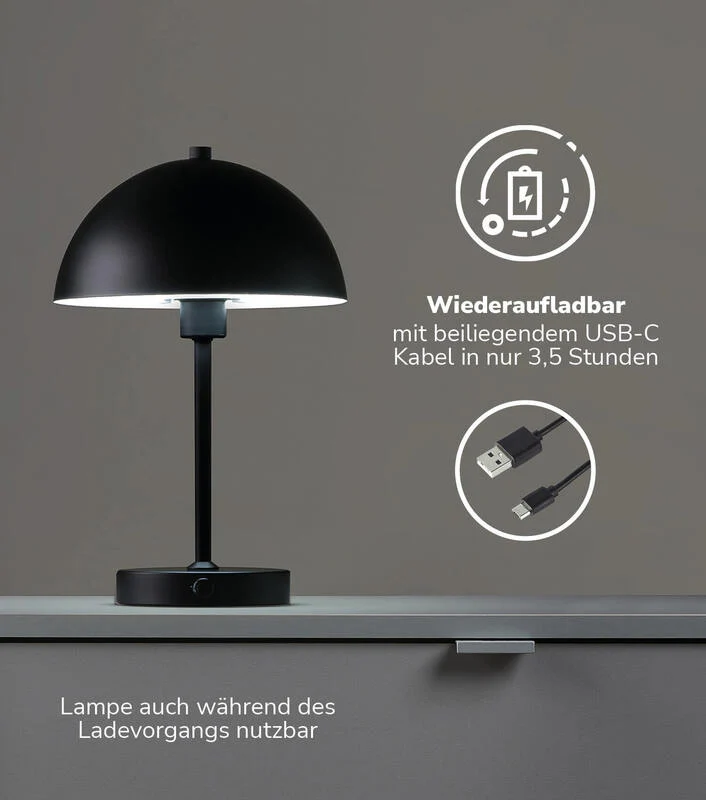 B-Ware mokebo LED Tischlampe schwarz kabellos Akku Tischleuchte dimmbar USB-C Lampe