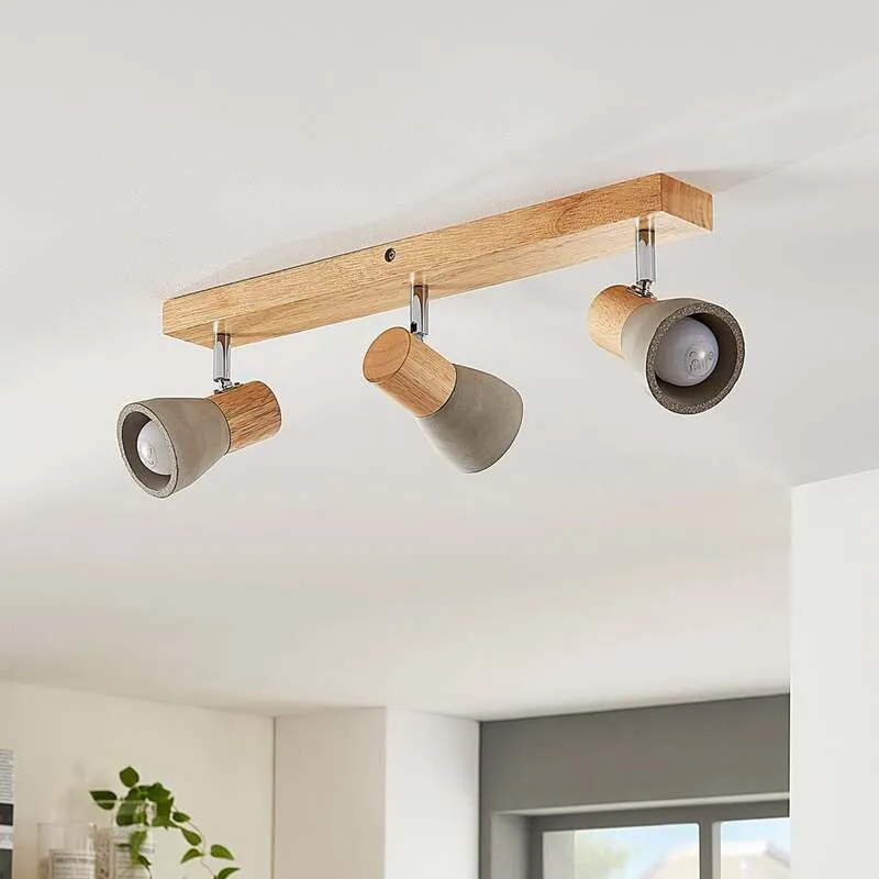 B-Ware Lindby Deckenlampe Filiz LED Strahler 3-flg dimmbar Beton Holz hellgrau 47cm