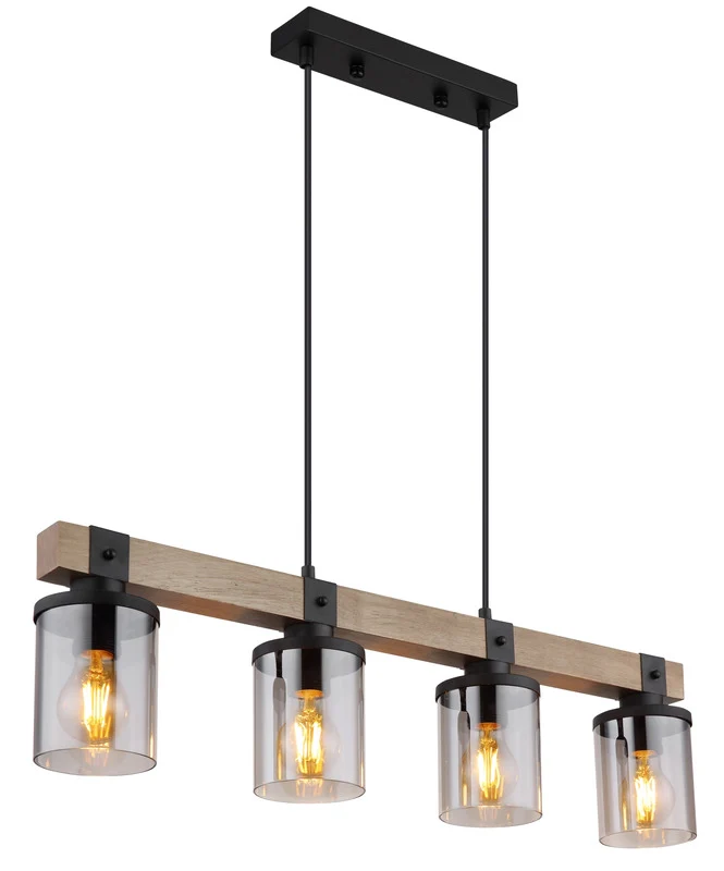 B-Ware Globo Deckenleuchte Lila mit Holzbalken Hängelampe Pendelleuchte 4-flg. E27