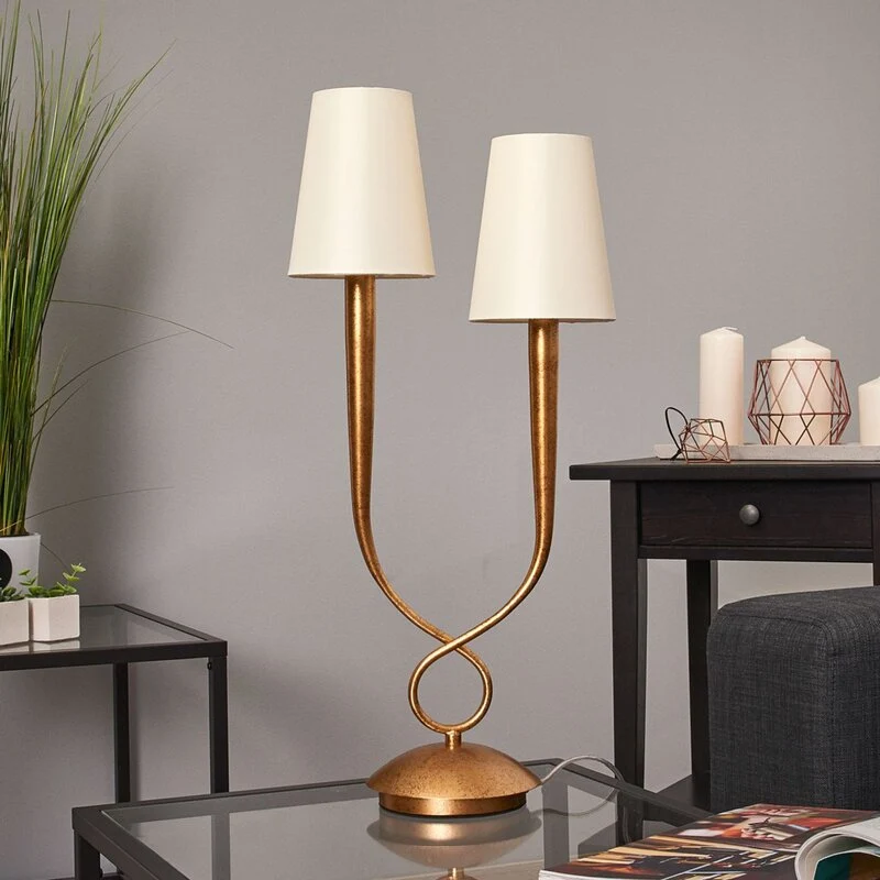 B-Ware Mantra Iluminación Tischleuchte Paola Tischlampe E14 2fl gold mit Textilschirmen