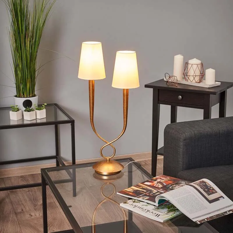 B-Ware Mantra Iluminación Tischleuchte Paola Tischlampe E14 2fl gold mit Textilschirmen