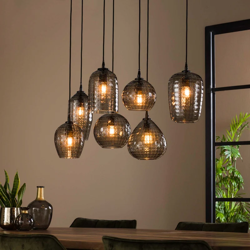 B-Ware Hängeleuchte Pendelleuchte Vanderberg rauchgrau Metall Glas 7-flammig E27 LED