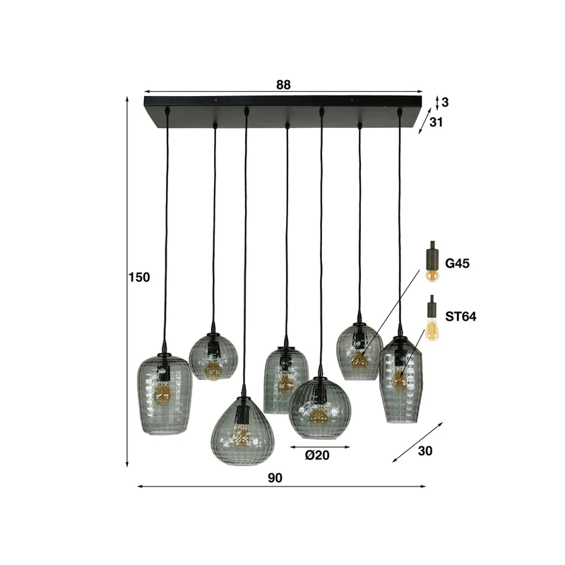 B-Ware Hängeleuchte Pendelleuchte Vanderberg rauchgrau Metall Glas 7-flammig E27 LED