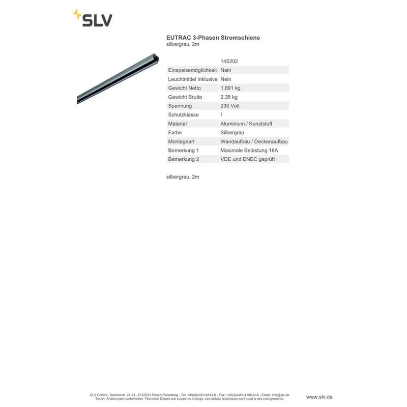 Eutrac 3-Phasen Stromschiene Silbergrau 2m