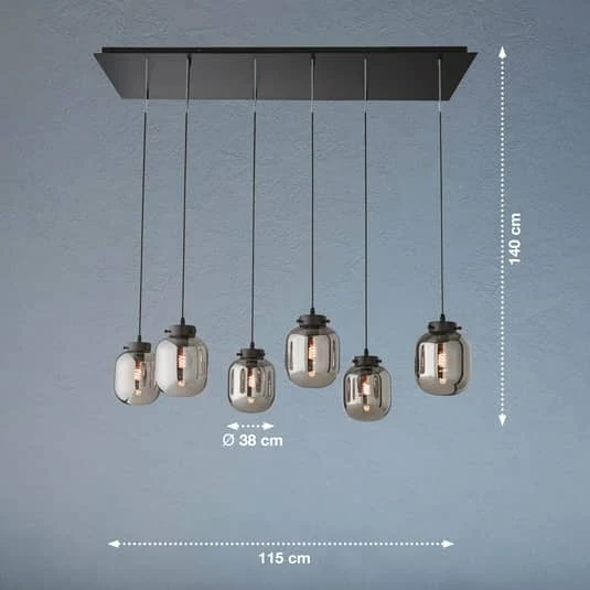 B-Ware FISCHER & HONSEL Hängeleuchte Regi Hängeleuchte Lampe Glas rauchgrau 6-fl. E27