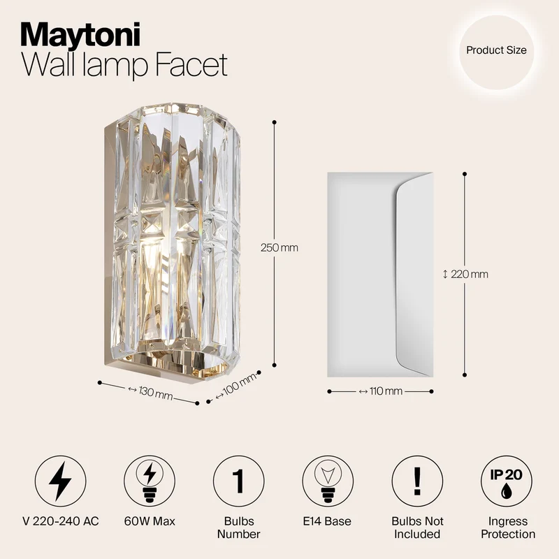 B-Ware Maytoni Wandleuchte Wandlampe Facet Glas Metall E14 H25cm gold transparent