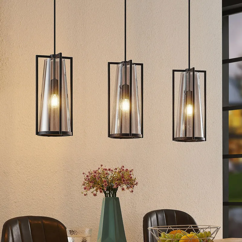 B-Ware Lucande Pendelleuchte LED Hängelampe Rufina 3-flg länglich Rauchglas schwarz