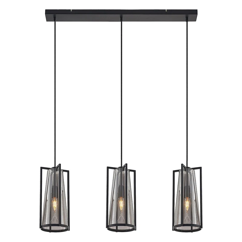 B-Ware Lucande Pendelleuchte LED Hängelampe Rufina 3-flg länglich Rauchglas schwarz