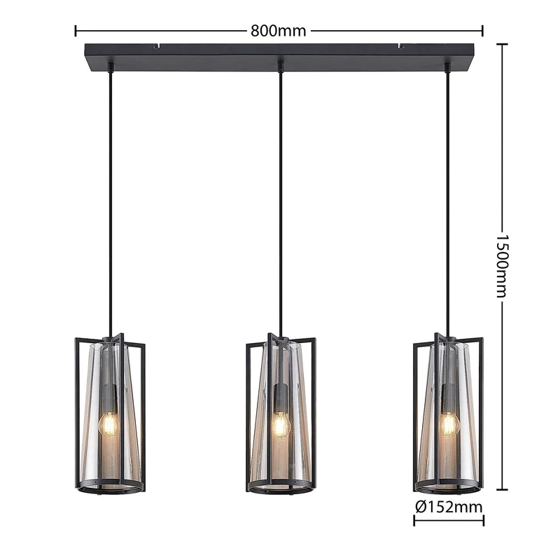 B-Ware Lucande Pendelleuchte LED Hängelampe Rufina 3-flg länglich Rauchglas schwarz