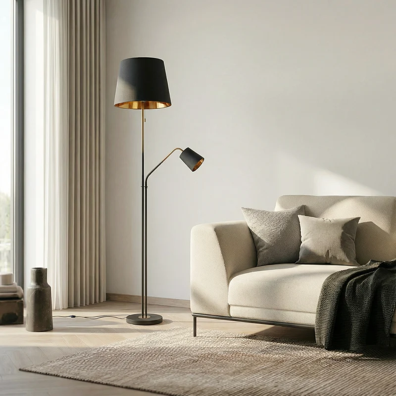 B-Ware Lindby Stehlampe Efalia LED Leselampe schwarz-gold Textil 175cm mit Schalter