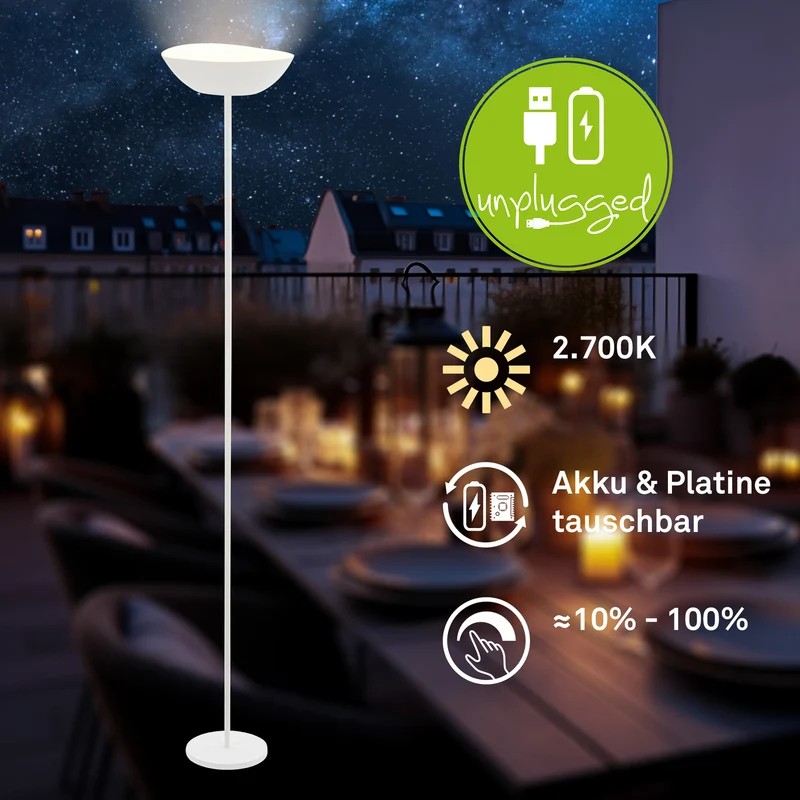 B-Ware Briloner LED-Akku-Stehleuchte Estate Standleuchte Touchdimmer USB-Kabel weiß