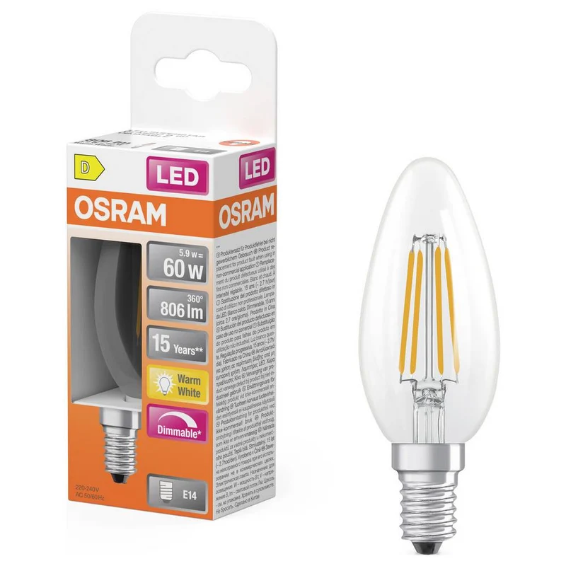 100x B-Ware OSRAM LED Lampe Glühbirne Kerze E14 Filament Warmweiß dimmbar 5,9 W 100 STÜCK