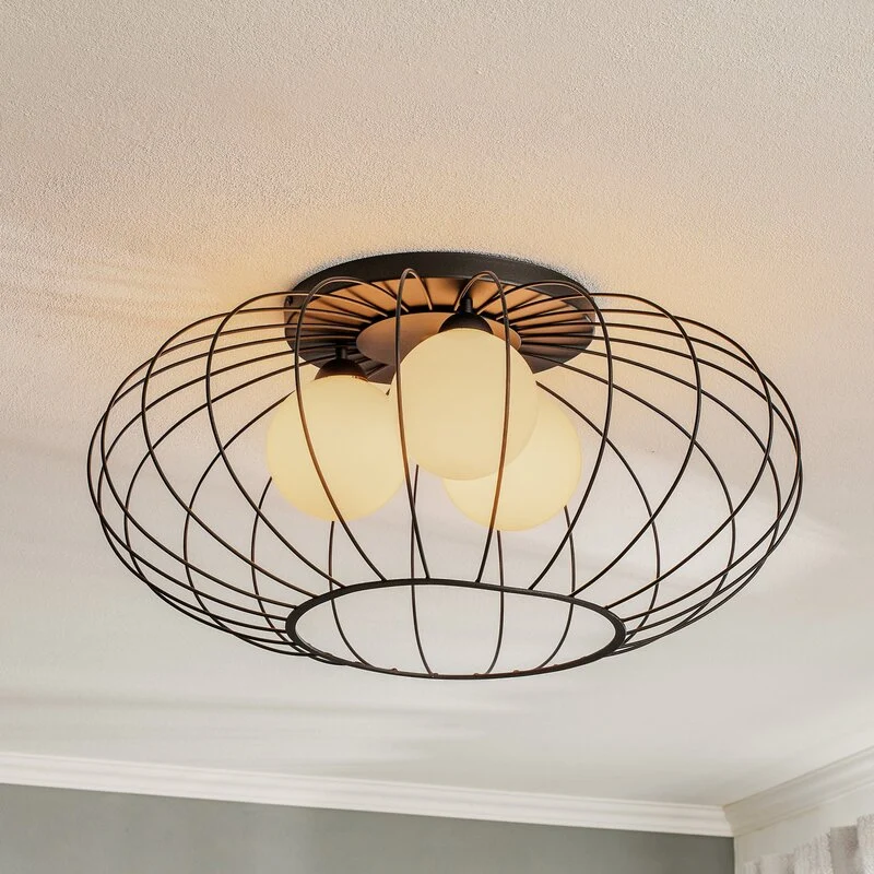 B-Ware Euluna Deckenlampe Kronos Käfig schwarz drei Opalkugeln Deko-Deckenlampe E14