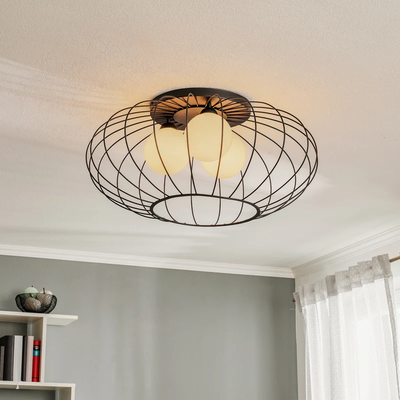 B-Ware Euluna Deckenlampe Kronos Käfig schwarz drei Opalkugeln Deko-Deckenlampe E14
