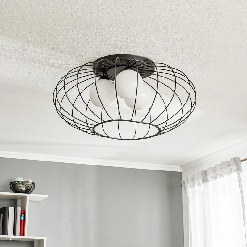 B-Ware Euluna Deckenlampe Kronos Käfig schwarz drei Opalkugeln Deko-Deckenlampe E14