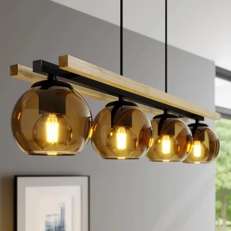 B-Ware Lindby Hängelampe Pendelleuchte Enrique Hängeleuchte amber 4flg Glas Holz E27