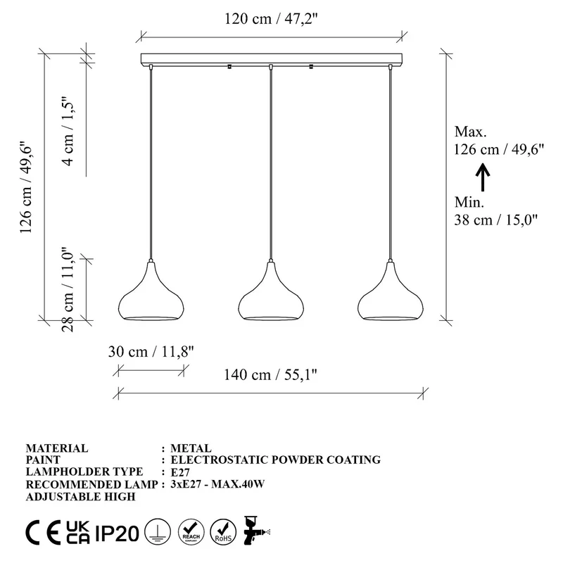 B-Ware Opviq Hängeleuchte Pendelleuchte Muba schwarz Metall Länge 120 cm E27 dimmbar