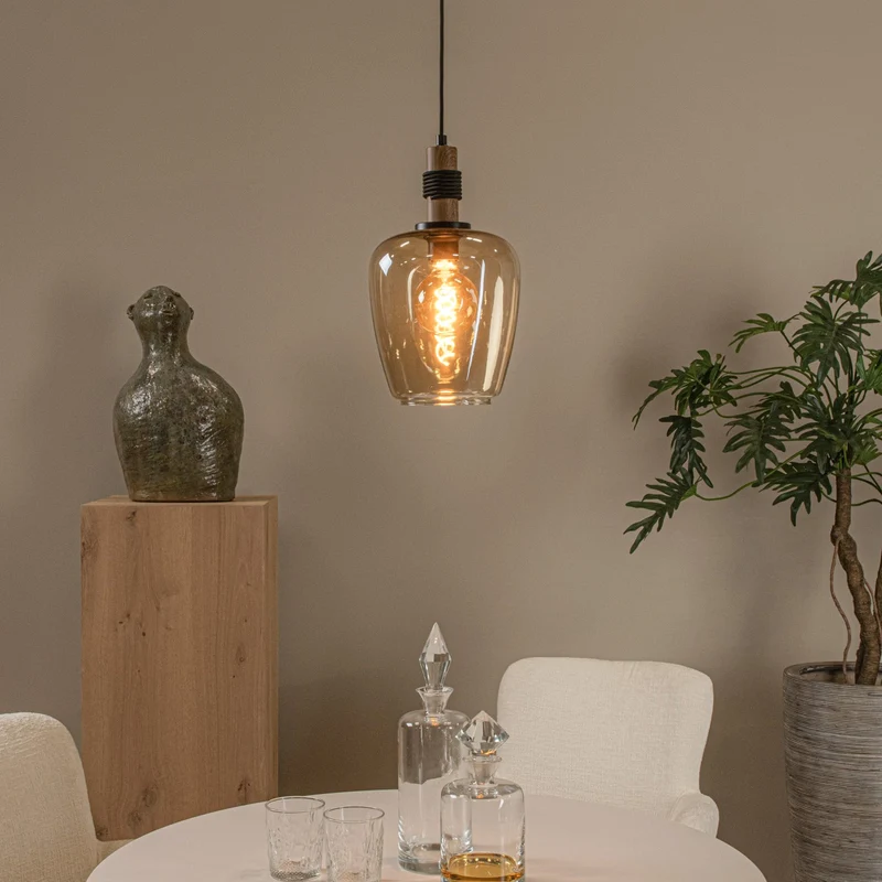 B-Ware Lucide Pendelleuchte Hängelampe Glas amber schwarz Ilona Ø 22 cm E27 LED Lampe
