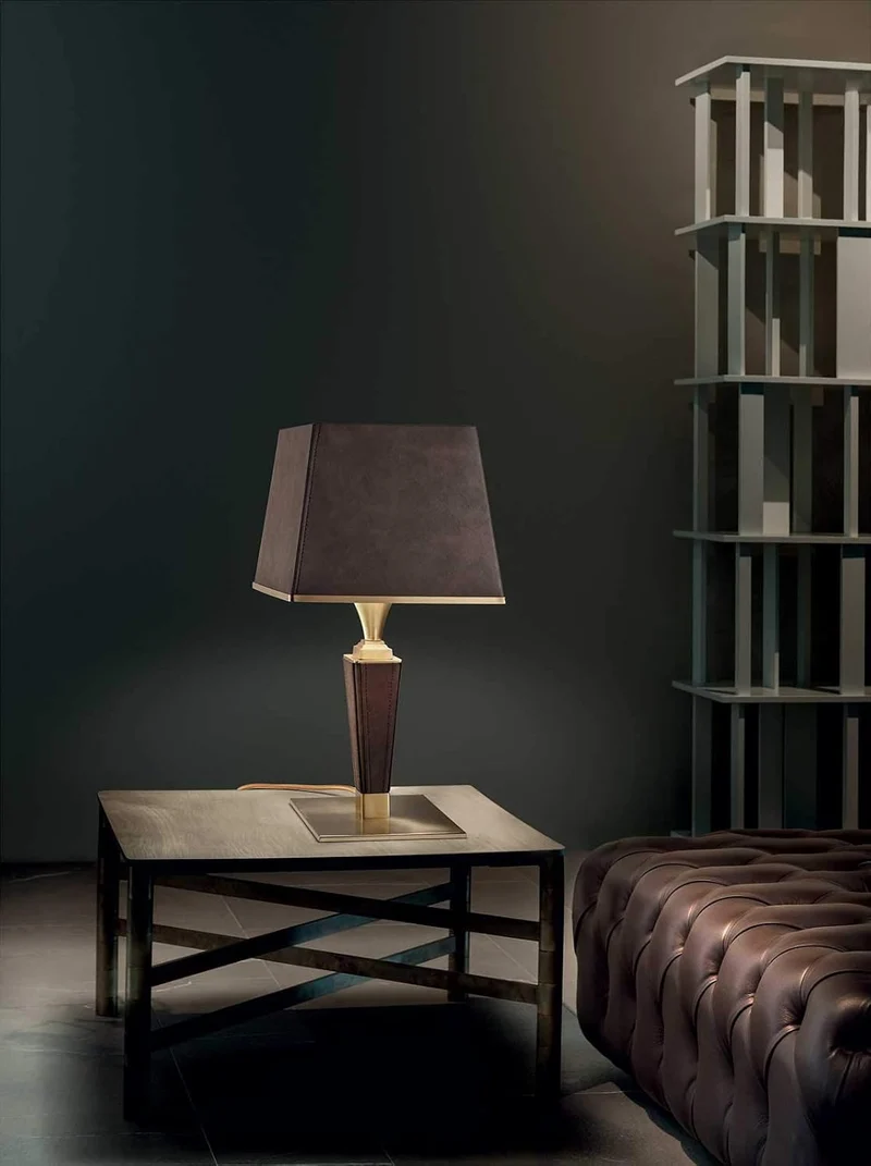 B-Ware Masiero Tischleuchte Lampe Darshan Lederbezug Wohnzimmer dunkelbraun gold
