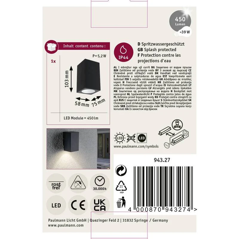 B-Ware Paulmann Flame AußenWandleuchte Gartenleuchte Terrassenlampe 1fl 10,3cm anthrazi