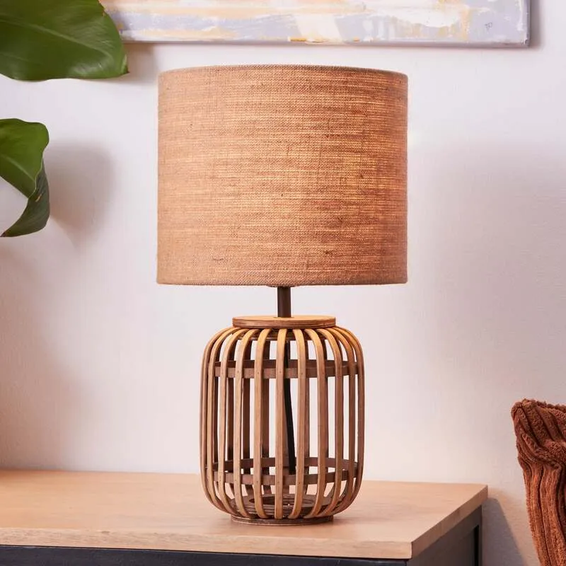 B-Ware Brilliant Tischleuchte Woodrow LED Lampe Leuchte aus Bambus mit Stoffschirm