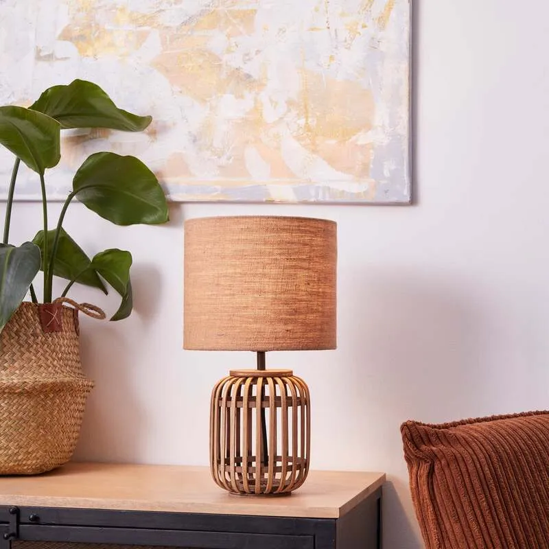 B-Ware Brilliant Tischleuchte Woodrow LED Lampe Leuchte aus Bambus mit Stoffschirm