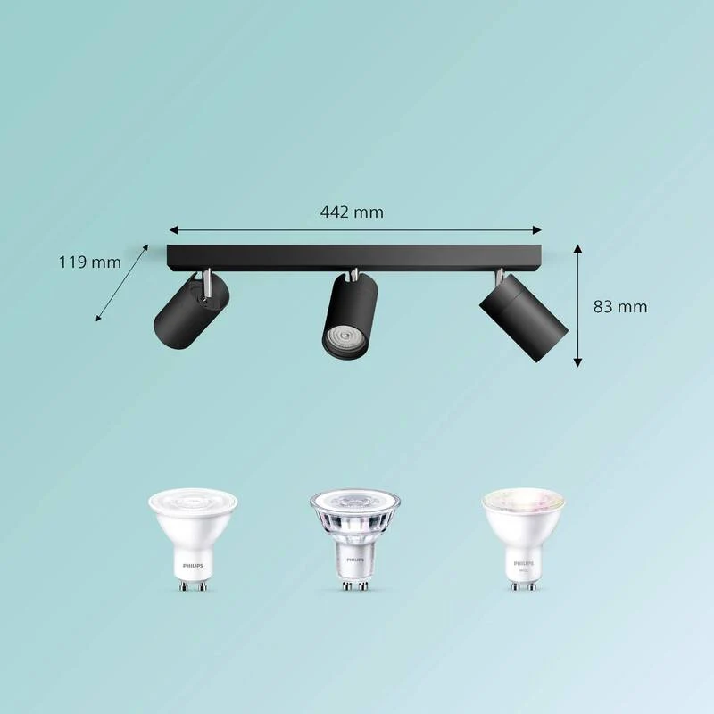 B-Ware Philips Deckenstrahler GU10 Schwarz dimmbar 3-flammig IP44 Metall 442x83x119mm