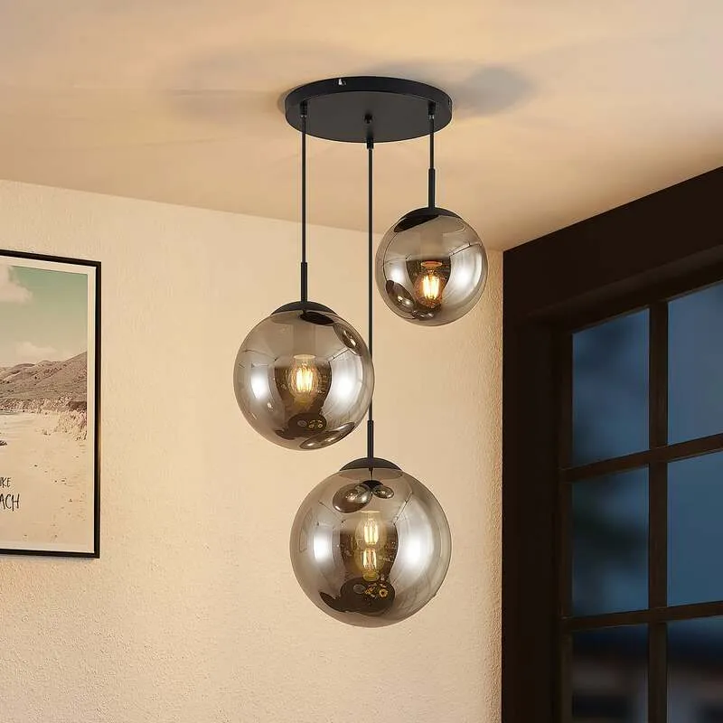 B-Ware Lindby Teeja Hängeleuchte 3 Glaskugeln Leuchte Lampe Hängeleuchte IP20 rauchgrau