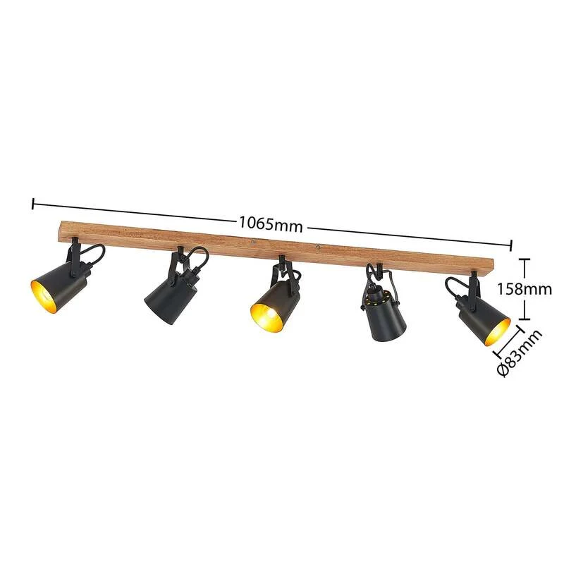 B-Ware Lindby Deckenstrahler Kimban 5-flg 106 cm Holz Metall dimmbar schwarz/gold