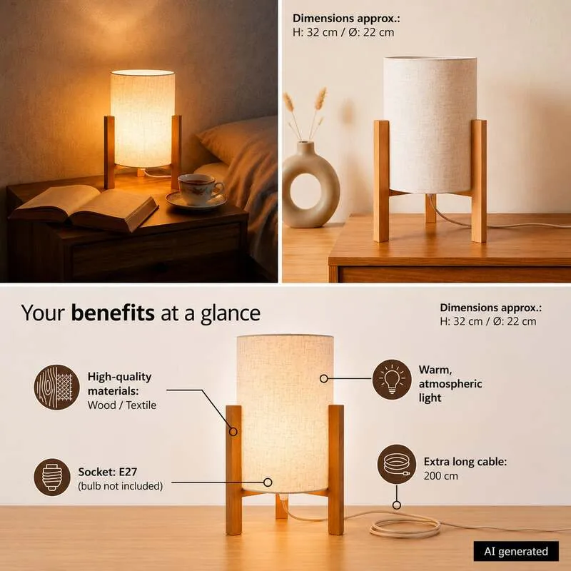B-Ware Näve Tischleuchte 3193 Tischlampe Tischlicht Leuchte Holz Leinentextil Höhe 32cm