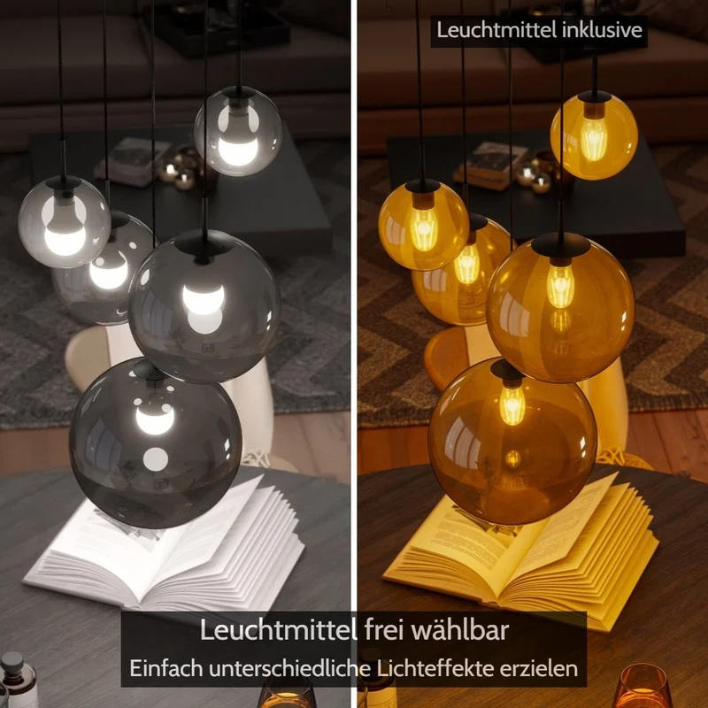B-Ware Liadomo Pendelleuchte Vetro Cluster Lampe 5-flammig Rauchglas rauchfarben getönt