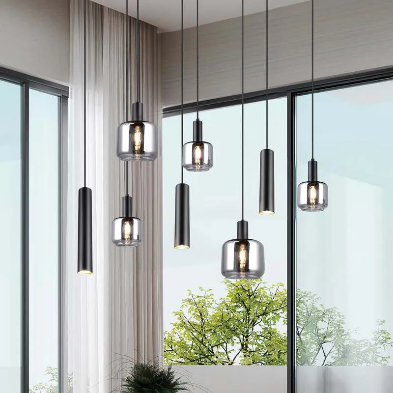B-Ware TRIO LIGHTING Hängelampe Pendelleuchte Mataro chrom/schwarz 118cm 8-flg Glas