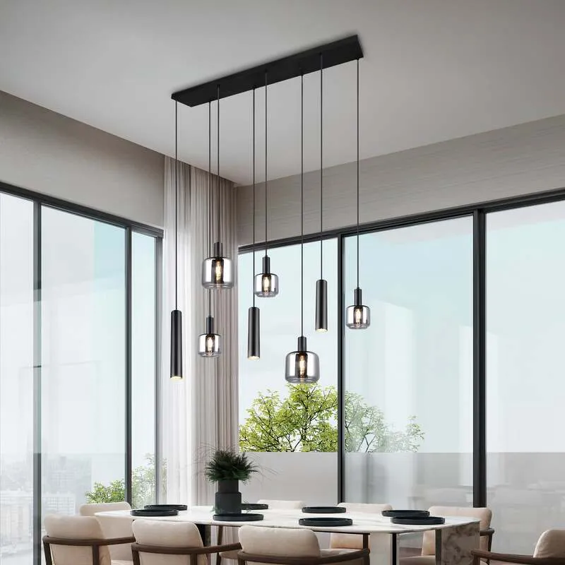 B-Ware TRIO LIGHTING Hängelampe Pendelleuchte Mataro chrom/schwarz 118cm 8-flg Glas