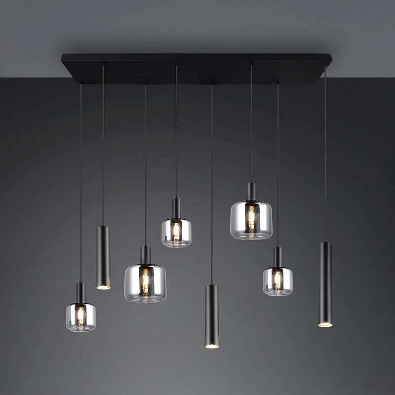 B-Ware TRIO LIGHTING Hängelampe Pendelleuchte Mataro chrom/schwarz 118cm 8-flg Glas