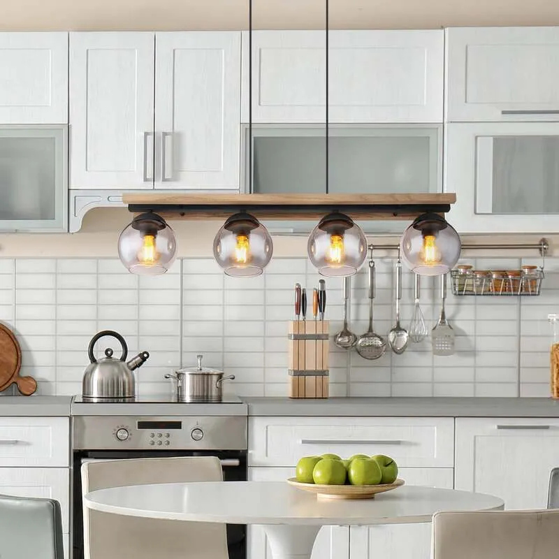 B-Ware Globo Hängelampe Pendelleuchte Conni rauchgrau Glas Holz 4-flammig 85 cm