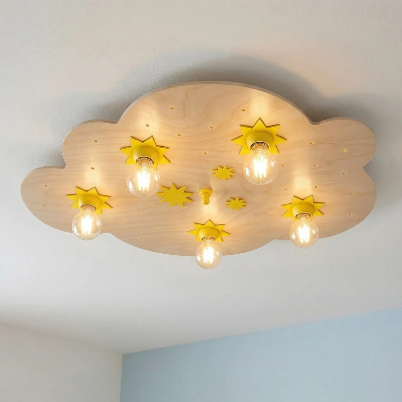 B-Ware ELOBRA Deckenleuchte Sternenwolke LED Lampe dimmbar Holz buche natur 75x50cm