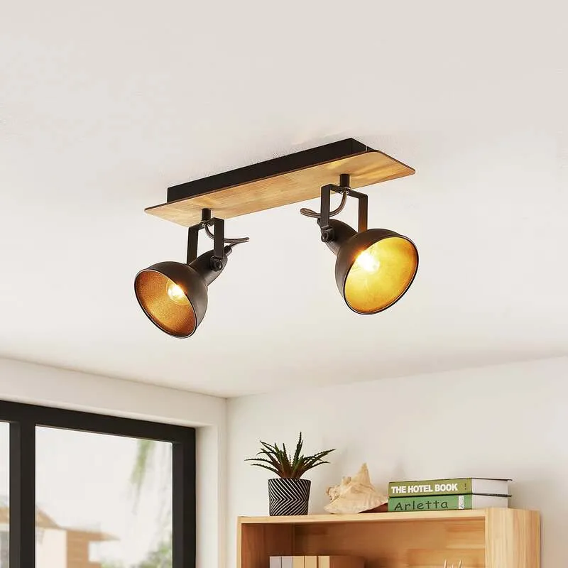 B-Ware Lindby Deckenlampe Aylis LED Lampe Leuchte dimmbar schwarz Holz 40cm 2-flg