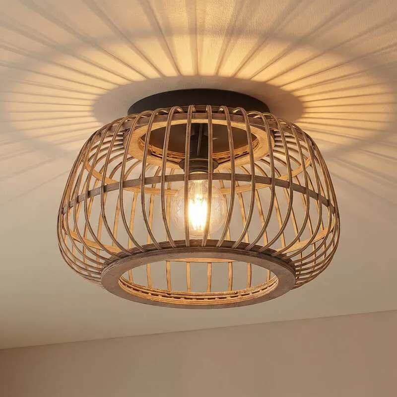 B-Ware Lindby Deckenleuchte Bominio LED Lampe Rattan schwarz matt Ø40cm dimmbar 24,5cm