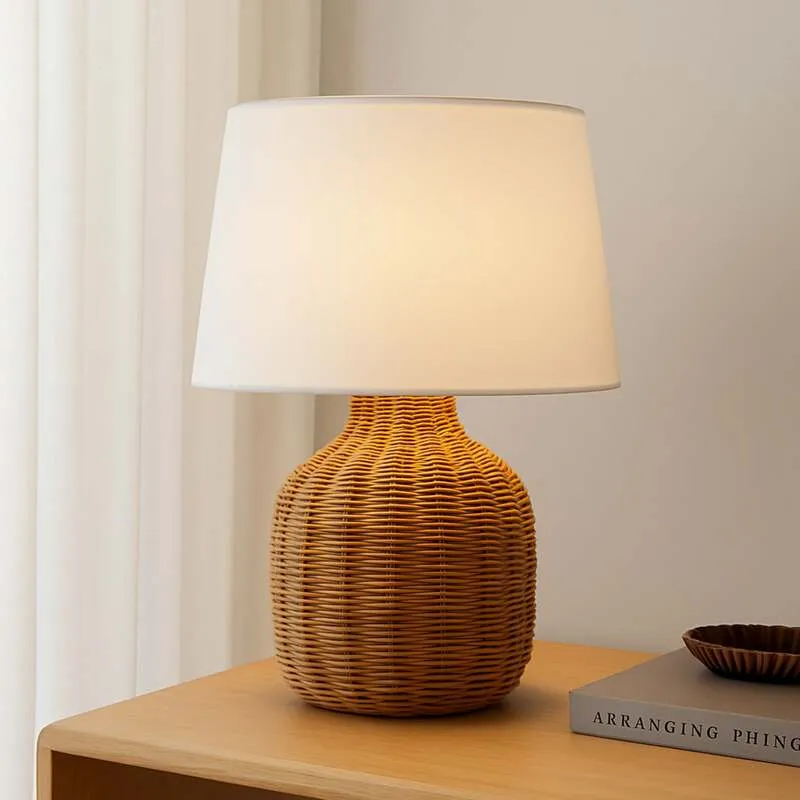 B-Ware Lindby Tischleuchte Lirenda 52 cm Rattan natur/weiß E27 Schalter am Kabel