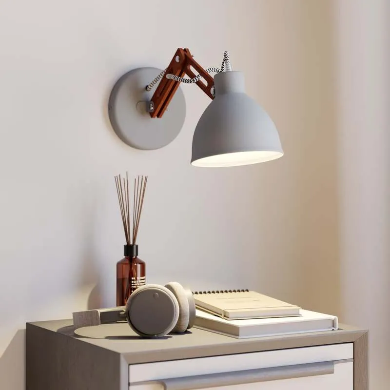 B-Ware Wandlampe Skansen Holzarm dimmbar grau Leuchte aus Holz und Metall 25cm hoch