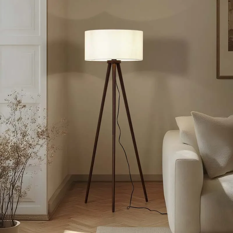 B-Ware Lindby Stehleuchte Charlia 150 cm weiß Walnussholz E27 15 W mit Schalter