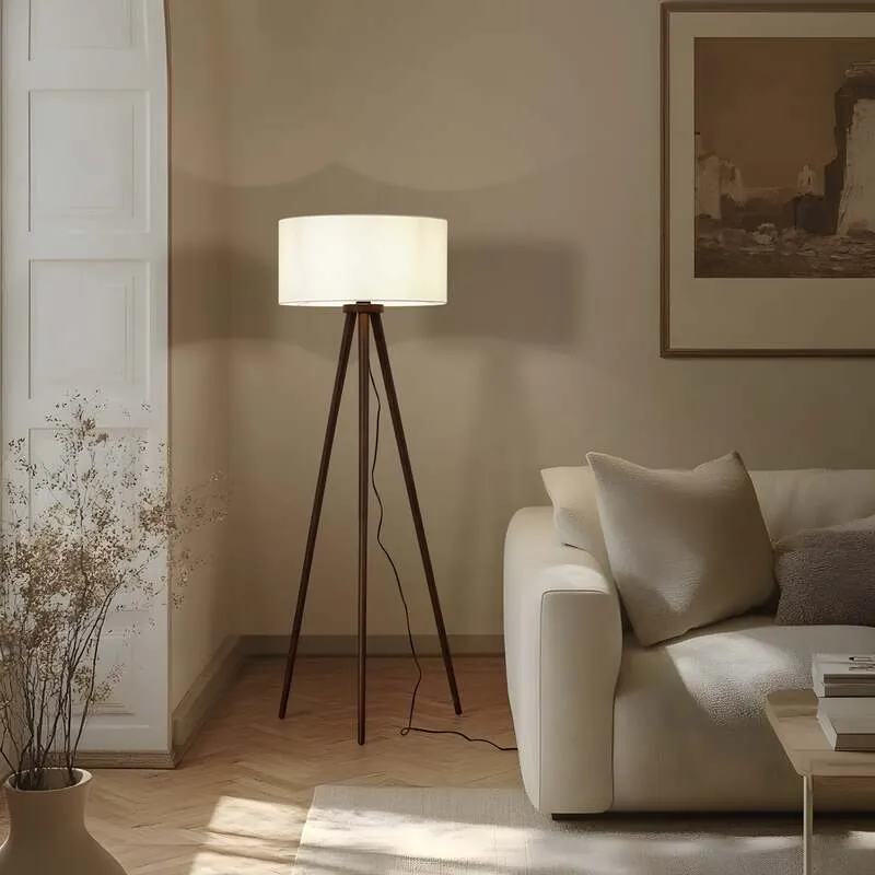 B-Ware Lindby Stehleuchte Charlia 150 cm weiß Walnussholz E27 15 W mit Schalter