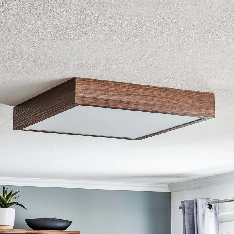 B-Ware Deckenleuchte Tromsö walnuss 50x50 cm Holz Glas 4x15W E27 IP20