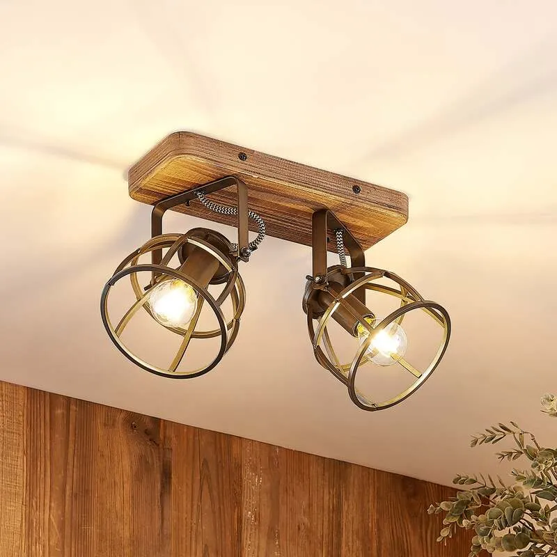 B-Ware Lindby Deckenstrahler Rutger LED Strahler Holz dimmbar schwarz 2-flammig 36cm