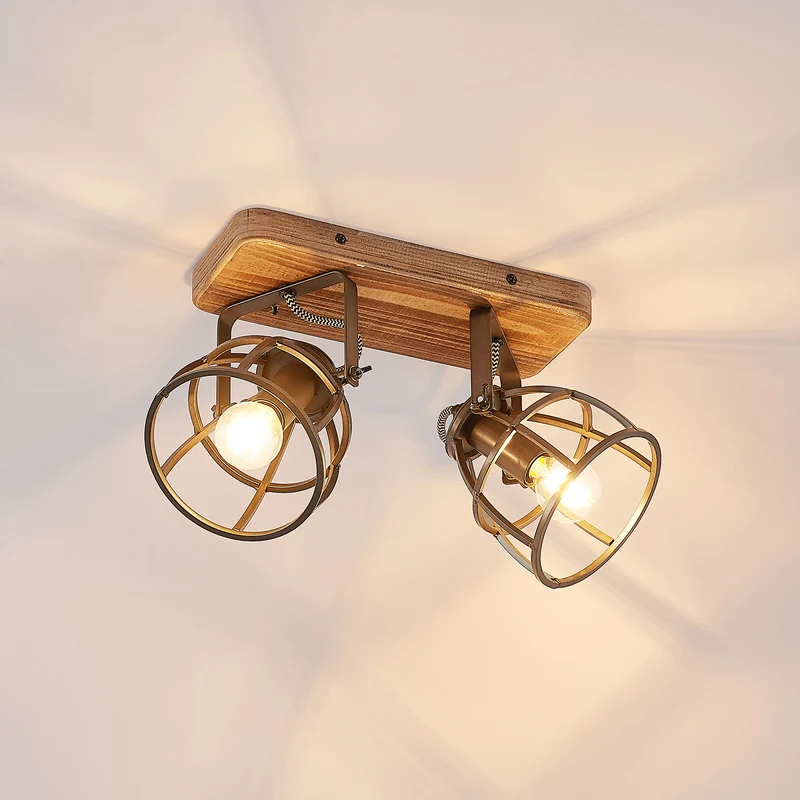 B-Ware Lindby Deckenstrahler Rutger LED Strahler Holz dimmbar schwarz 2-flammig 36cm