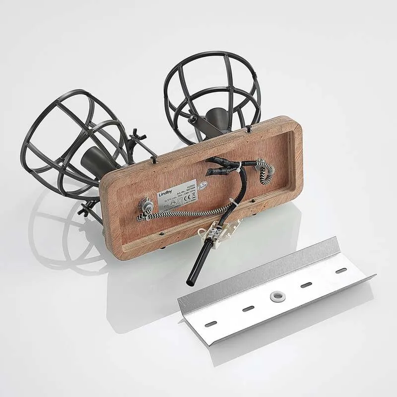 B-Ware Lindby Deckenstrahler Rutger LED Strahler Holz dimmbar schwarz 2-flammig 36cm