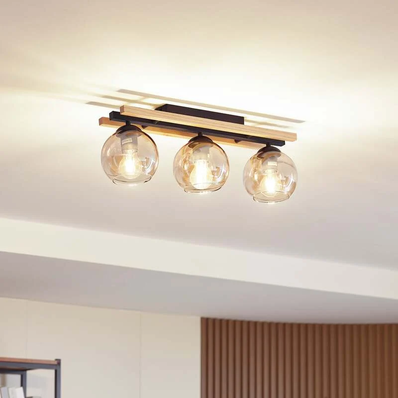 B-Ware Lindby Deckenlampe Enrique LED 3-flammig Hängeleuchte Lampe amber Holz Glas