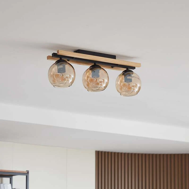 B-Ware Lindby Deckenlampe Enrique LED 3-flammig Hängeleuchte Lampe amber Holz Glas